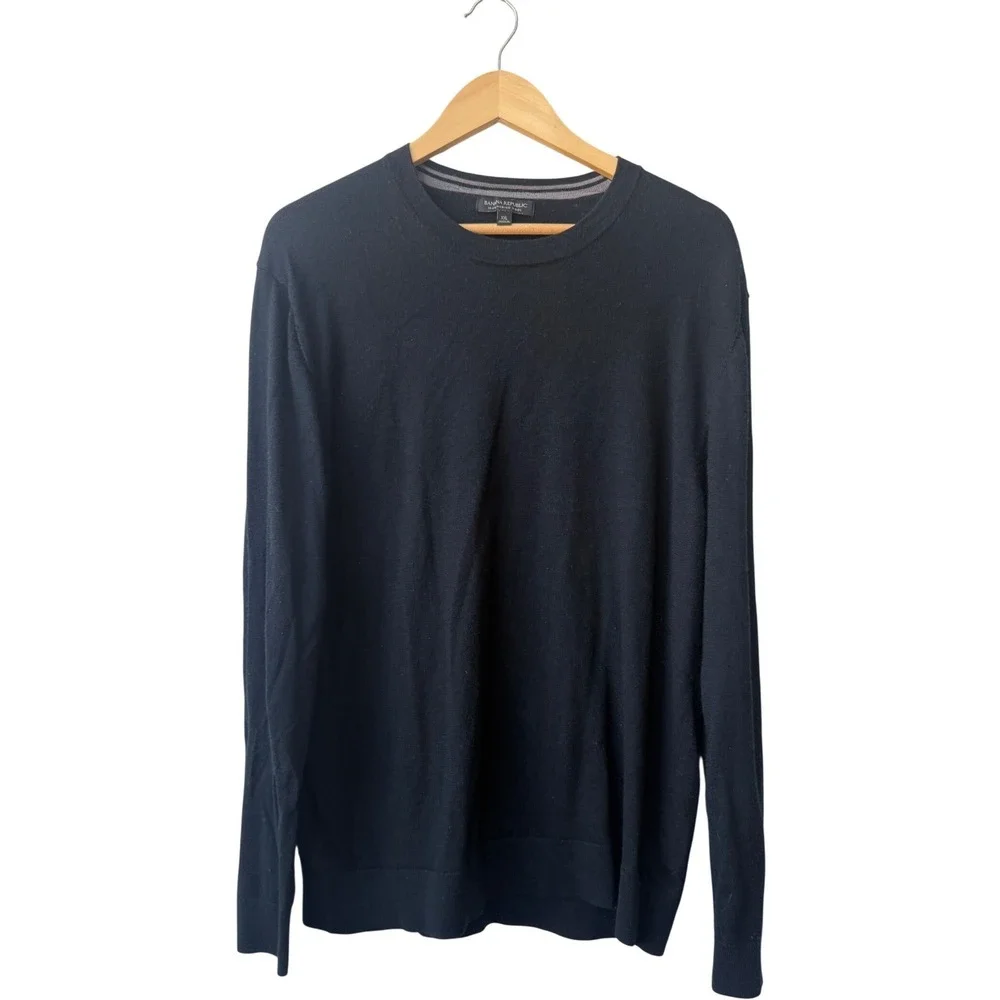 Banana Republic Mens Black Merino Wool Crewneck Sweater XXL Quiet Luxury Preppy
